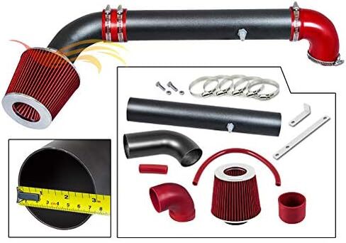 مجموعة مدخل هواء Rtunes Racing باللون الأسود غير اللامع + مجموعة فلتر متوافقة مع Jeep 97-06 Wrangler 2.5L L4 / 4.0L V6 (أسود وأحمر) in Kuwait