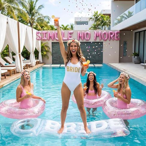 Junkin 5 Pcs Bachelorette Pool Floats Set Include 72" x 20" Inflatable Glitter Bride Pool Float and 4 Heart Beach Floats, Outdoor Swimming Bachelorette Party Decors for Summer Beach in Saudi Arabia
