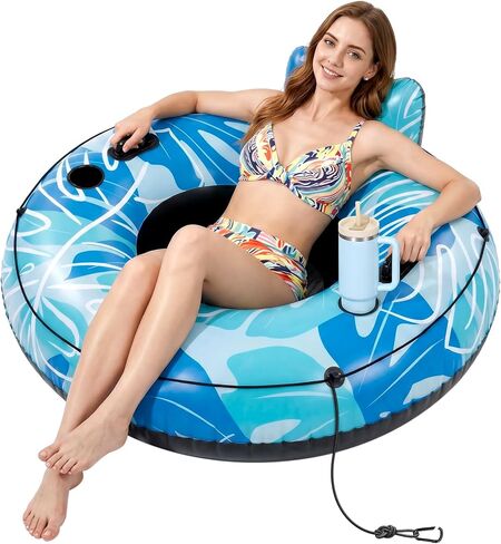 HLDIRECT Inflatable River Tube for Adults - 53" Heavy Duty River Float with 2 Deep Cup Holders & Ergonomic Backrest, Floating Tubes with 2 Handles & Grab Rope for Pool, Lake or Lazy River in Saudi Arabia