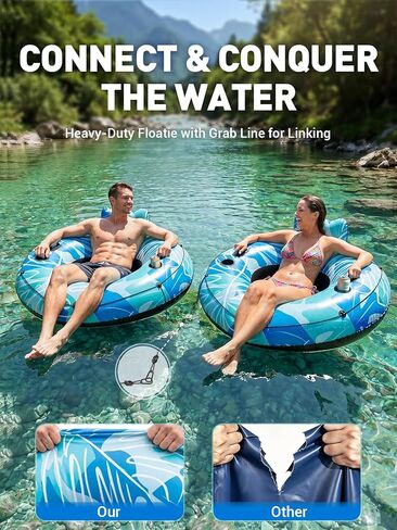 HLDIRECT Inflatable River Tube for Adults - 53" Heavy Duty River Float with 2 Deep Cup Holders & Ergonomic Backrest, Floating Tubes with 2 Handles & Grab Rope for Pool, Lake or Lazy River in Saudi Arabia