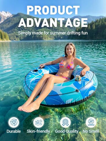 HLDIRECT Inflatable River Tube for Adults - 53" Heavy Duty River Float with 2 Deep Cup Holders & Ergonomic Backrest, Floating Tubes with 2 Handles & Grab Rope for Pool, Lake or Lazy River in Saudi Arabia