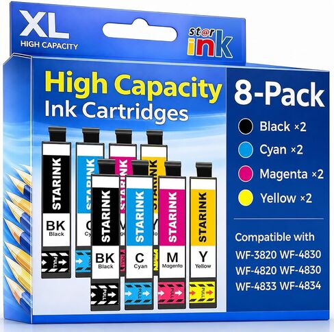 استبدال الحبر المعاد تصنيعه من Starink لخراطيش الحبر Epson 822XL 822 المتوافقة مع طابعة Epson Workforce Pro WF-3820 WF-3823 WF-4833 WF-4820 WF-4830 WF-4834 ذات إنتاجية عالية وأحدث شرائح 8 حزم in Kuwait