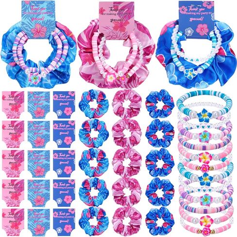 Suncalla 15 Set Hawaiian Bohemia Bracelet and Scrunchie Bulk Pink and Blue Cartoon Party Thank You Gift for Girls Birthday Party Favor Silk Hair Ties Plumeria Friendship Bracelets in Kuwait
