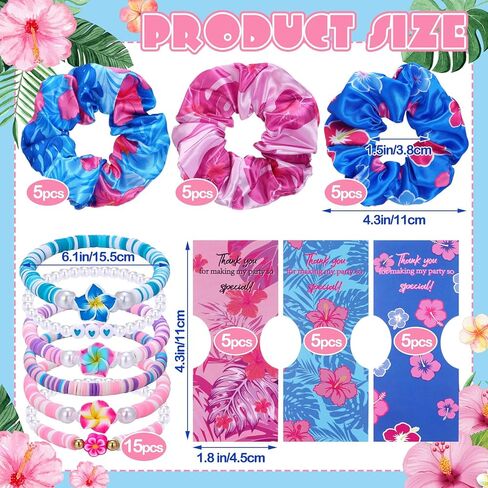 Suncalla 15 Set Hawaiian Bohemia Bracelet and Scrunchie Bulk Pink and Blue Cartoon Party Thank You Gift for Girls Birthday Party Favor Silk Hair Ties Plumeria Friendship Bracelets in Kuwait