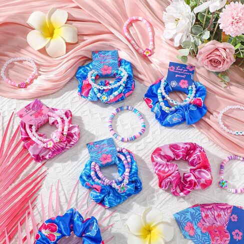 Suncalla 15 Set Hawaiian Bohemia Bracelet and Scrunchie Bulk Pink and Blue Cartoon Party Thank You Gift for Girls Birthday Party Favor Silk Hair Ties Plumeria Friendship Bracelets in Kuwait
