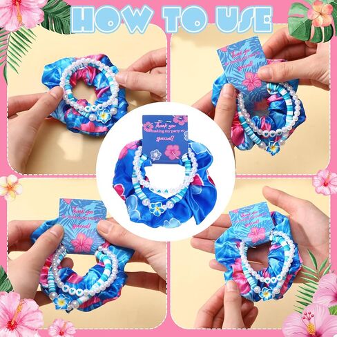 Suncalla 15 Set Hawaiian Bohemia Bracelet and Scrunchie Bulk Pink and Blue Cartoon Party Thank You Gift for Girls Birthday Party Favor Silk Hair Ties Plumeria Friendship Bracelets in Kuwait