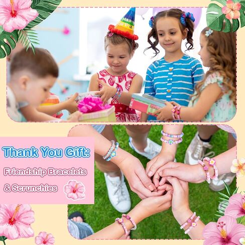 Suncalla 15 Set Hawaiian Bohemia Bracelet and Scrunchie Bulk Pink and Blue Cartoon Party Thank You Gift for Girls Birthday Party Favor Silk Hair Ties Plumeria Friendship Bracelets in Kuwait