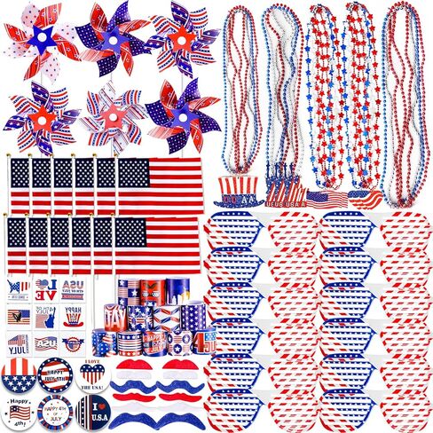 Thuodo 156 PCS 4th of July Accessories Patriotic Party Favors American Flags Glasses Slap Bracelets Pinwheels Tattoo Stickers Brooches Beards Necklaces for USA 250th Anniversary Independence Day in Saudi Arabia