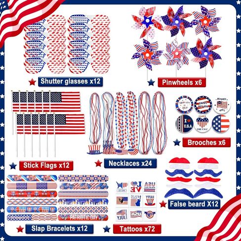 Thuodo 156 PCS 4th of July Accessories Patriotic Party Favors American Flags Glasses Slap Bracelets Pinwheels Tattoo Stickers Brooches Beards Necklaces for USA 250th Anniversary Independence Day in Saudi Arabia