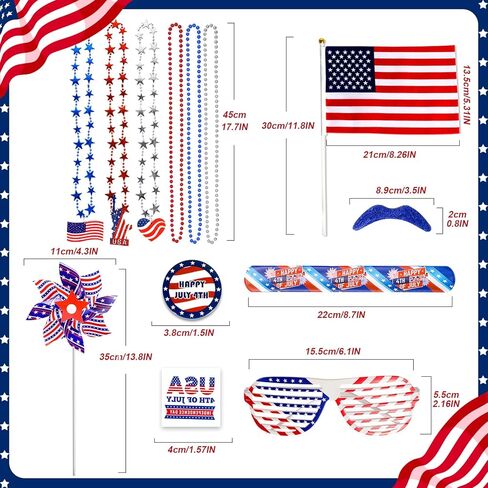 Thuodo 156 PCS 4th of July Accessories Patriotic Party Favors American Flags Glasses Slap Bracelets Pinwheels Tattoo Stickers Brooches Beards Necklaces for USA 250th Anniversary Independence Day in Saudi Arabia