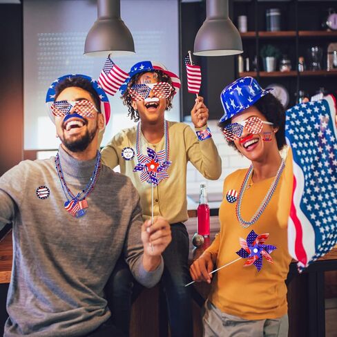 Thuodo 156 PCS 4th of July Accessories Patriotic Party Favors American Flags Glasses Slap Bracelets Pinwheels Tattoo Stickers Brooches Beards Necklaces for USA 250th Anniversary Independence Day in Saudi Arabia
