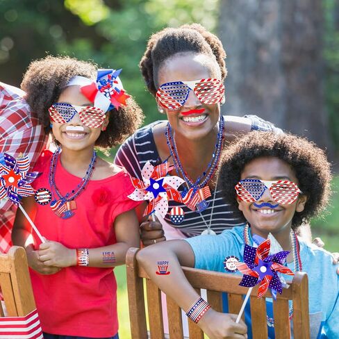 Thuodo 156 PCS 4th of July Accessories Patriotic Party Favors American Flags Glasses Slap Bracelets Pinwheels Tattoo Stickers Brooches Beards Necklaces for USA 250th Anniversary Independence Day in Saudi Arabia