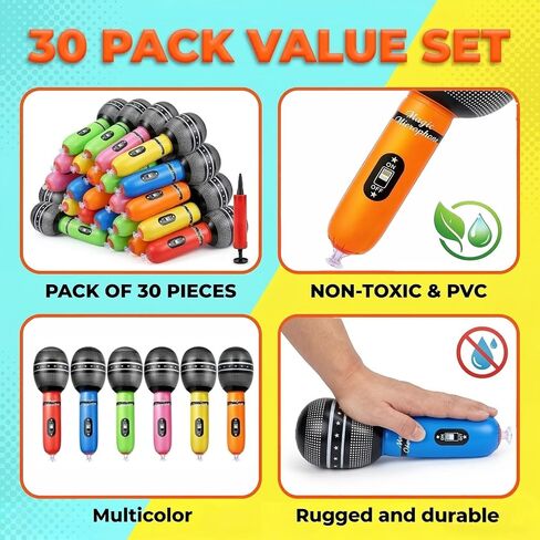 Inflatable Microphones for Parties (Pack of 30) 10-inch Neon Colors Blow Up Microphone for Adults, Party Favors, Giveaways, DJ-Props, Photo-Booth, Birthdays, Dance, Sing, Concert Decorations in Saudi Arabia