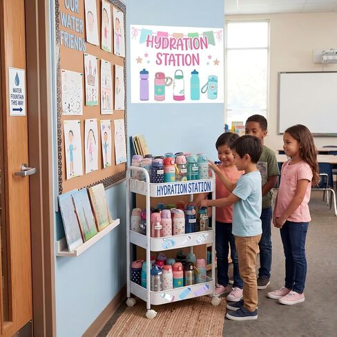 Jenaai Classroom محطة ترطيب عربة دوارة لتخزين زجاجات المياه 3 طبقات حامل زجاجات مياه مع مقبض محطة ترطيب علامة ملصق حامل أدوات الشرب رف لمكتب المدرسة في الفصل الدراسي in Kuwait