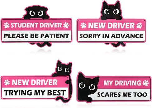 4 Pack Cute Cat Student Driver Magnet for Car, Reflective New Driver Warning Decals, Durable PVC Vehicle Accessories, Easy to Attach & Store for New & Student Drivers in Saudi Arabia