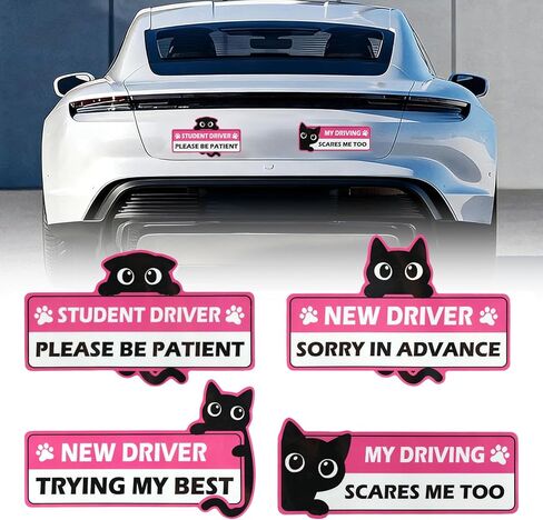 4 Pack Cute Cat Student Driver Magnet for Car, Reflective New Driver Warning Decals, Durable PVC Vehicle Accessories, Easy to Attach & Store for New & Student Drivers in Saudi Arabia