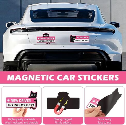 4 Pack Cute Cat Student Driver Magnet for Car, Reflective New Driver Warning Decals, Durable PVC Vehicle Accessories, Easy to Attach & Store for New & Student Drivers in Saudi Arabia