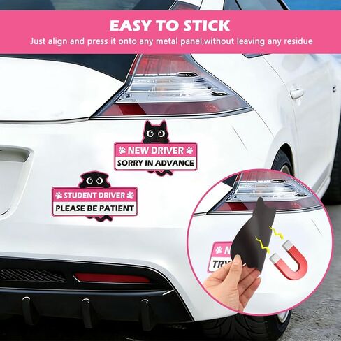 4 Pack Cute Cat Student Driver Magnet for Car, Reflective New Driver Warning Decals, Durable PVC Vehicle Accessories, Easy to Attach & Store for New & Student Drivers in Saudi Arabia