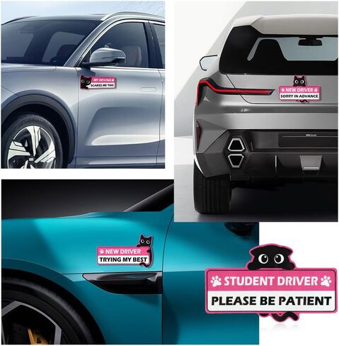 4 Pack Cute Cat Student Driver Magnet for Car, Reflective New Driver Warning Decals, Durable PVC Vehicle Accessories, Easy to Attach & Store for New & Student Drivers in Saudi Arabia