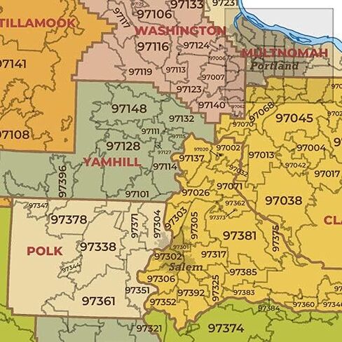 Oregon ZIP Code Map with Counties - Standard - 36" x 27.5" Laminated in Kuwait