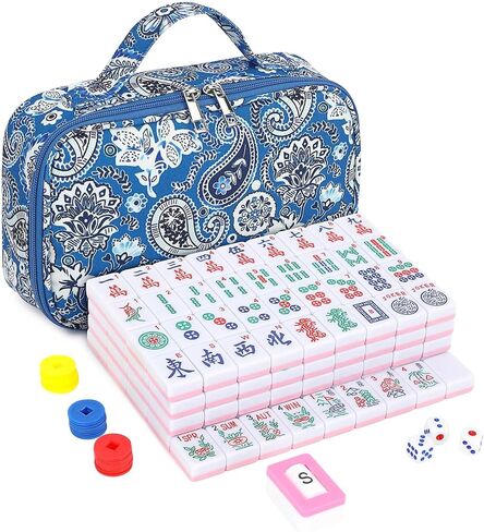 بلاط Suncle American Mahjong، 166 بلاطًا من الأكريليك الأبيض والوردي، مجموعة ألعاب Mahjong مع حقيبة سفر محمولة، باستثناء رفوف Mahjong in Kuwait