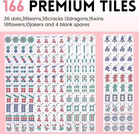 بلاط Suncle American Mahjong، 166 بلاطًا من الأكريليك الأبيض والوردي، مجموعة ألعاب Mahjong مع حقيبة سفر محمولة، باستثناء رفوف Mahjong in Kuwait