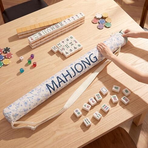 35.4 Inch Long Canvas Mahjong Mat Carrying Bag Double Strapped Drawstring Holder Durable Bag Only for Mahjong Lovers, Mat Not Included, Blue White Chinese Style, 1 Pc in Saudi Arabia
