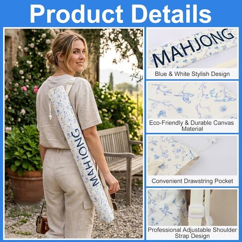 35.4 Inch Long Canvas Mahjong Mat Carrying Bag Double Strapped Drawstring Holder Durable Bag Only for Mahjong Lovers, Mat Not Included, Blue White Chinese Style, 1 Pc in Saudi Arabia