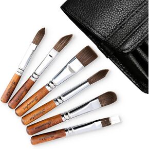 SEAMIART Travel Watercolor Brushes 6pcs Pocket Size Travel Paint Brush Set with PU Pouch, Short Handle Water Color Paint Brushes for Watercolor Acrylic Gouache Inks Painting - Brown in Saudi Arabia