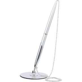 Beavorty Multi-function Office Signature Pen with Stand and Attached Chain, Silver Desktop Ballpoint Guest Book Writing Pen for Business Counter Use in Kuwait