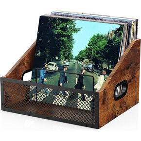Vinyl Record Storage Crate, Vintage Style Metal & Wood Holder with Dividers for up to 60 LPs, Multipurpose Organizer for Albums, Books, Magazines, Retro Brown in Saudi Arabia