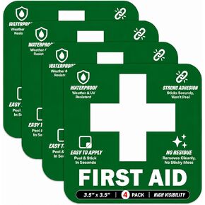 Green First Aid Sticker 4 Pack, 3.5 x 3.5 Inches Self Adhesive First Aid Decal Emergency for Box Package,Water Resistant Heavy Duty for Car Office Business and Indoor Outdoor (4-Pack) Green in Kuwait