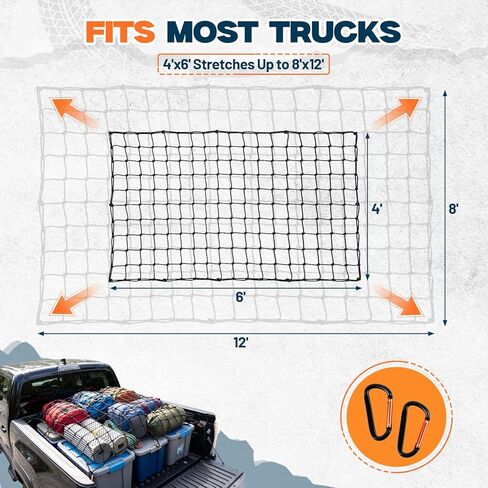 4' x 6' Cargo Net (Stretches to 8'x12'), 4" x 4" Mesh, Heavy Duty Bungee Truck Bed Net, Large Items Organizer Accessory with 12 Metal Carabiners for Pickup Trucks, RVs, and Cargo Storage in Saudi Arabia