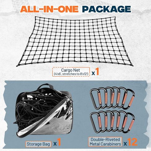 4' x 6' Cargo Net (Stretches to 8'x12'), 4" x 4" Mesh, Heavy Duty Bungee Truck Bed Net, Large Items Organizer Accessory with 12 Metal Carabiners for Pickup Trucks, RVs, and Cargo Storage in Saudi Arabia