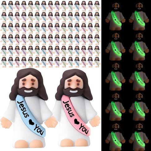 Bememo 50 Pcs Mini Jesus Figures Original Design Jesu Love You Glow in The Dark Little Rubber Toys to Hide and Seek Religious Party Favors Sunday School Baptism Gifts (Jesus Love You) in Kuwait