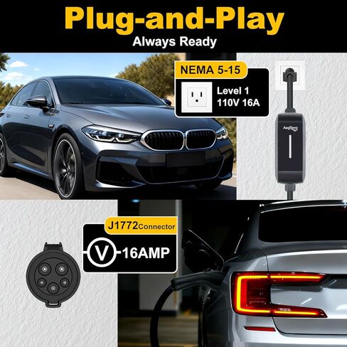 Portable Level 1 EV Charger 16Amp with 23ft EV Charging Cable, 110V NEMA 5-15Plug,Indoor/Outdoor Charging Stations, Portable EV Charger for J1772 BEVs and PHEVs in Saudi Arabia