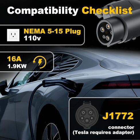 Portable Level 1 EV Charger 16Amp with 23ft EV Charging Cable, 110V NEMA 5-15Plug,Indoor/Outdoor Charging Stations, Portable EV Charger for J1772 BEVs and PHEVs in Saudi Arabia