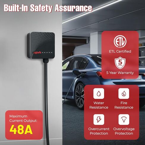 شاحن Spark 48A Level 2 EV، محطة شحن منزلية بأسلاك صلبة بقدرة 11.5 كيلو وات، واي فاي ذكي والتحكم في التطبيقات، كابل بطول 7.5 متر (25 قدمًا)، موصل J1772 عالمي، معتمد من UL وETL in Kuwait