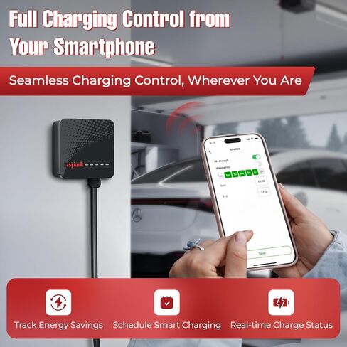 شاحن Spark 48A Level 2 EV، محطة شحن منزلية بأسلاك صلبة بقدرة 11.5 كيلو وات، واي فاي ذكي والتحكم في التطبيقات، كابل بطول 7.5 متر (25 قدمًا)، موصل J1772 عالمي، معتمد من UL وETL in Kuwait