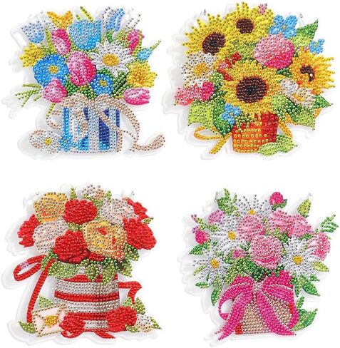Eccloraff 4 PCS Diamond Art Hanging Kit for Adults, DIY Diamond Painting Door Window Wall Decor with Chain for Beginners,Diamond Art Flowers Adults Art Craft Supplies Gift in Kuwait