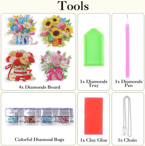 Eccloraff 4 PCS Diamond Art Hanging Kit for Adults, DIY Diamond Painting Door Window Wall Decor with Chain for Beginners,Diamond Art Flowers Adults Art Craft Supplies Gift in Kuwait