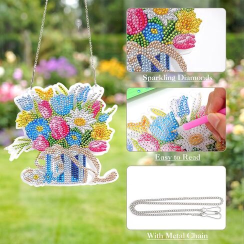 Eccloraff 4 PCS Diamond Art Hanging Kit for Adults, DIY Diamond Painting Door Window Wall Decor with Chain for Beginners,Diamond Art Flowers Adults Art Craft Supplies Gift in Kuwait
