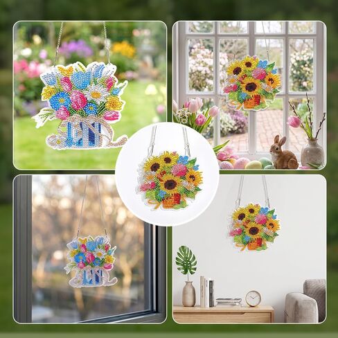 Eccloraff 4 PCS Diamond Art Hanging Kit for Adults, DIY Diamond Painting Door Window Wall Decor with Chain for Beginners,Diamond Art Flowers Adults Art Craft Supplies Gift in Kuwait