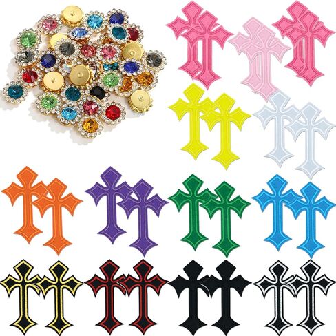 26 PCS 13 Colors Cross Patches Iron on for DIY Chrome Hearts Patches with 50Pcs 10mm Bedazzling Rhinestones for Clothing Jeans Hats Backpacks Jackets Shirts (13 Colors) in Saudi Arabia