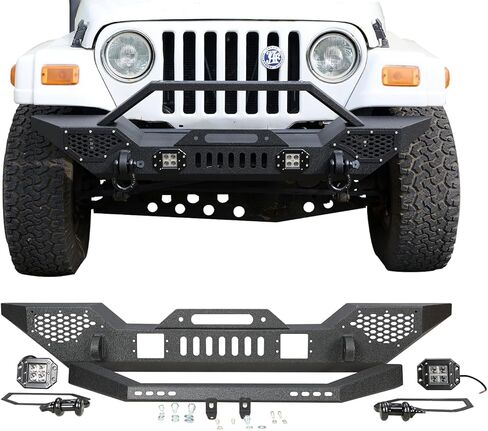 GarveeTech Front Bumper Compatible with 1997-2006 Wrangler TJ (2/4 Door), Heavy Duty Off-Road Steel Bumper w/ 2 LED Lights, Full Width Black Rock Crawler Style in Kuwait
