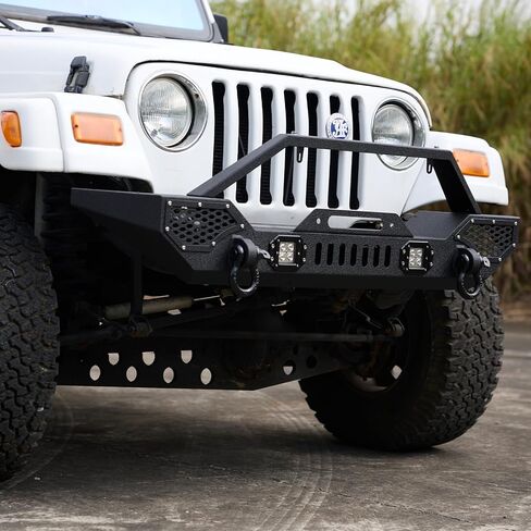 GarveeTech Front Bumper Compatible with 1997-2006 Wrangler TJ (2/4 Door), Heavy Duty Off-Road Steel Bumper w/ 2 LED Lights, Full Width Black Rock Crawler Style in Kuwait
