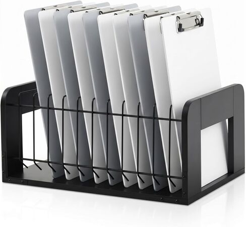 Yookeer 1 Pcs Vertical Clipboard Holder, Desk File Organizer Storage Rack, 12 Slot Wooden and Metal Clipboard Organizer, Storage Stand Rack for Home, Office, No Assembly Required (Black) in Kuwait