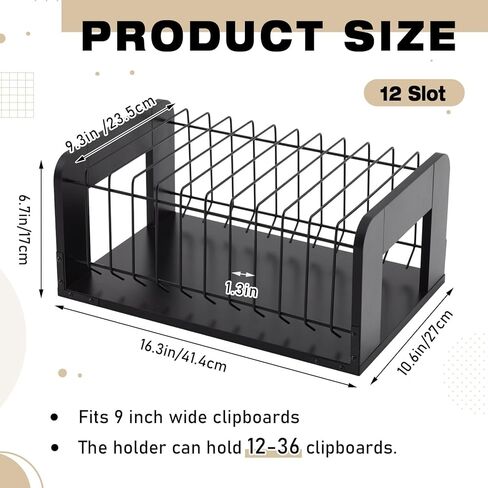Yookeer 1 Pcs Vertical Clipboard Holder, Desk File Organizer Storage Rack, 12 Slot Wooden and Metal Clipboard Organizer, Storage Stand Rack for Home, Office, No Assembly Required (Black) in Kuwait