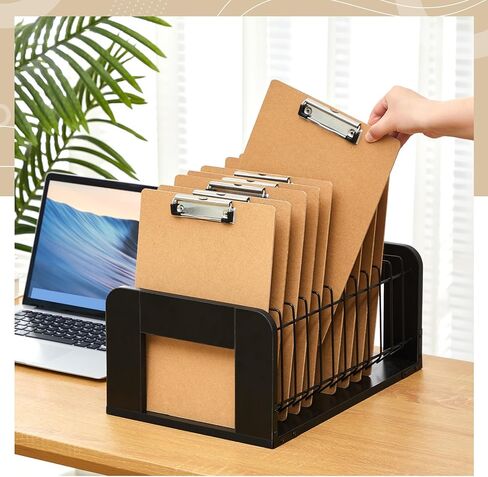 Yookeer 1 Pcs Vertical Clipboard Holder, Desk File Organizer Storage Rack, 12 Slot Wooden and Metal Clipboard Organizer, Storage Stand Rack for Home, Office, No Assembly Required (Black) in Kuwait