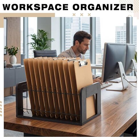 Yookeer 1 Pcs Vertical Clipboard Holder, Desk File Organizer Storage Rack, 12 Slot Wooden and Metal Clipboard Organizer, Storage Stand Rack for Home, Office, No Assembly Required (Black) in Kuwait